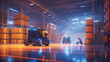 © Aghavni - Smart warehouse with transporter robots and holographic dashboard. Generative AI