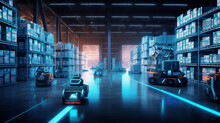 Smart Warehouse With Transporter Robots And Holographic Dashboard. Generative AI