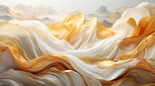 Abstract Flow Of Silky White Silk And Gold Color Mixed With Mountains Background