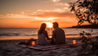 © Jemastock - Sunset romance: women and men in love, togetherness outdoors on vacations generated by AI