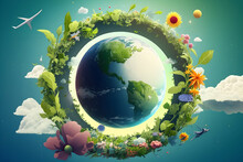 Green Planet Earth Surrounded By Leaves And Flowers. Generative AI