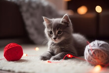 Gray Kitten With Balls Of Yarn And Red Garland Lights On The Floor. Generative AI