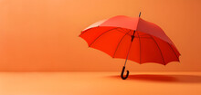 Orange Open Umbrella With Dark Ribs And Handle. Horizontal Image With Bright Light Background, Shadow, Copy Space, Side View. Generative AI