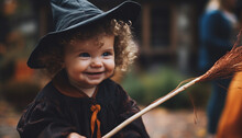 Cute Toddler Enjoys Autumn Outdoors, Holding Leaf, Looking At Camera Generated By AI