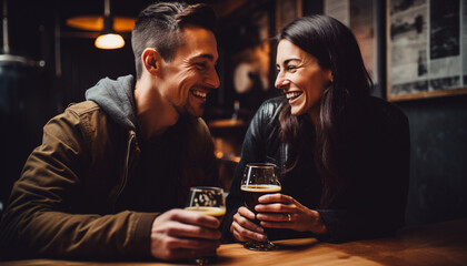 Smiling young adults enjoy drinks at cheerful bar together generated by AI