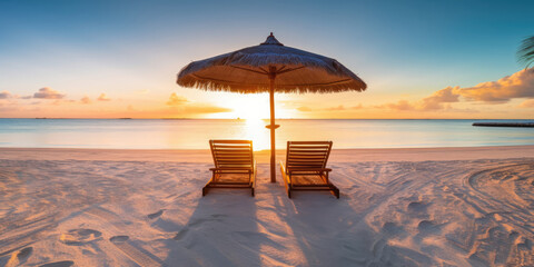 Beautiful tropical sunset scenery, two sun beds, loungers, umbrella under palm tree. White sand, sea view with horizon, colorful twilight sky, relaxation, Inspirational beach resort hotel, generative 