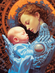 Sticker - futuristic motherhood, generative ai