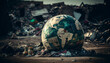 Erdball Welt Erde als Planet in der Müllhalde auf dem den Schrottplatz liegt im Müll als quasi Weltuntergang durch Klimawandel und letzte Generation symbolisch Darstellung digital Generative AI 