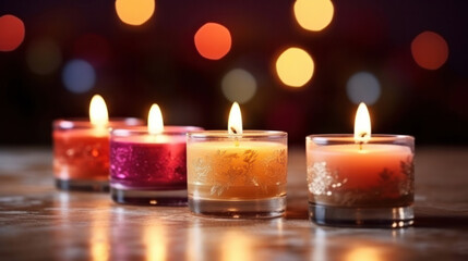 Wall Mural - Four Advent candles in Christmas time, Advent season. Flickering flames cast soft in the dark with bokeh, inviting glow, illuminating scene with sense of hope and joy. AI generated