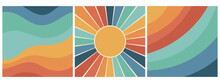 Set Of Colorful Retro Groovy Backgrounds With Rainbow And Sun. Trendy Groovy Print Design For Posters, Cards, Banners