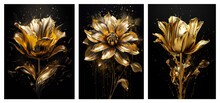 Set Of Golden  Flowers With Paint Splatter On Black. Flower Art Painting For Wall Frames. Ai Generative.

