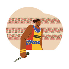 Wall Mural - African tribal man in traditional costume with microphone in hand flat style