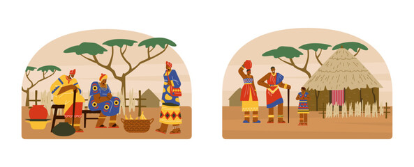 Wall Mural - Set of scenes with African people flat style, vector illustration