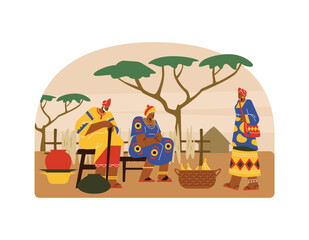 Wall Mural - African people selling bananas and vases scene flat style, vector illustration