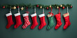 © Oleksandr - hanging red christmas stockings filled with gifts, copyspace, green background. ai generative