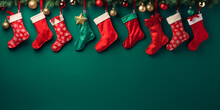 Hanging Red Christmas Stockings Filled With Gifts, Copyspace, Green Background. Ai Generative
