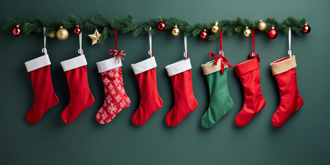 hanging red christmas stockings filled with gifts, copyspace, green background. ai generative