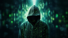 Computer hacker in mask and hoodie over abstract binary background. Obscured dark face. Data theft, internet fraud, darknet and cyber security. ai generative