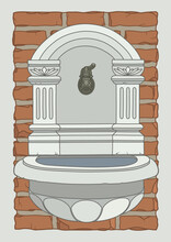 A Vector Image Of An Ancient Gray Stone Drinking Spring (with Two Small Columns, An Arched End At The Top) With An Antique Brass Faucet And A Semi-circle Shaped Bowl Mounted On A Terracotta Brick Wall