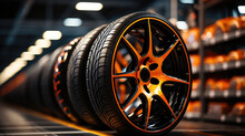 Transportation Tire Rubber Products, Group Of New Tires For Sale At A Tire Store.