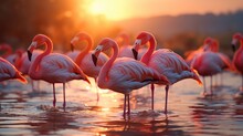 Group Of Flamingos Standing In Water At Sunset.