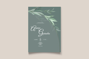 Sticker - Beautiful sage green leaves wedding invitation card template Premium Vector