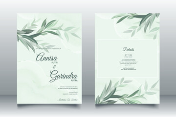 Canvas Print - Beautiful sage green leaves wedding invitation card template Premium Vector