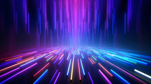 Spectrum Show, Vibrant Neon Beams Illuminate Abstract Geometry In Cosmic Stage Room, Generative Ai.