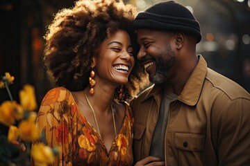 Wall Mural - Black laughing couple talking and flirting together outdoors