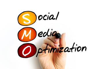 Poster - SMO Social Media Optimization - use of a number of outlets and communities to generate publicity to increase the awareness of a product, acronym text concept background