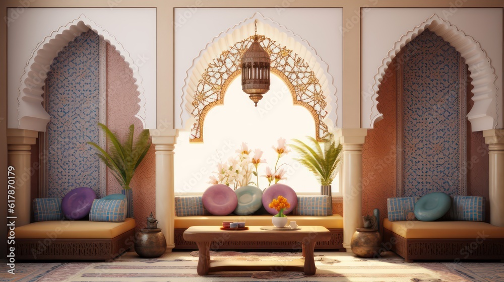 Arabic,Islamic style living room interior design with arch and arabic ...