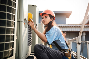 Young woman technician working on air conditioning outdoor unit. Female HVAC worker professional occupation. Generative AI