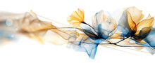 A Wallpaper Botanical Flowers With One Big Flower For Whole Artwork Flowing Alcohol Ink Style Bioluminescence White Background, White, Gold, Generative Ai.