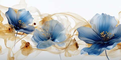 a wallpaper botanical flowers with one big flower for whole artwork flowing alcohol ink style bioluminescence white background, white, gold, generative ai.
