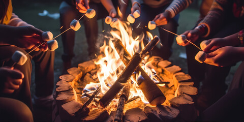 close up cozy camping scene with a flickering campfire surrounded by friends, roasting marshmallows,