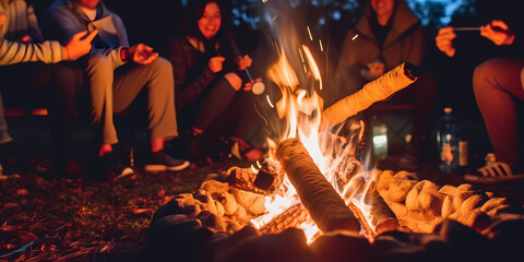 Close up cozy camping scene with a flickering campfire surrounded by friends, roasting marshmallows, and sharing stories under a starry night sky