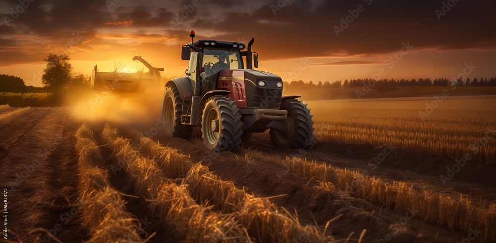 Sunset in the countryside. Tractor on a large field, creating beds to ...