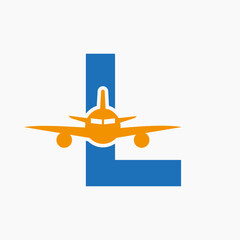 Wall Mural - Initial Letter L Travel Logo Concept With Flying Air Plane Symbol