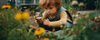  A young child candidly explores with magnifying glass in the garden flowers. generative ai
