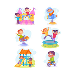 Wall Mural - Kids in Amusement Park Engaged in Different Entertainment Sliding, Riding and Jumping Trampoline Vector Set