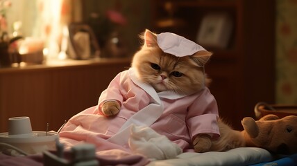 Wall Mural - Caring Companion: Exotic Shorthair Cat in Pink Nurse Uniform
