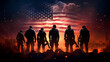 group of patriotic soldiers at sunset with american flag