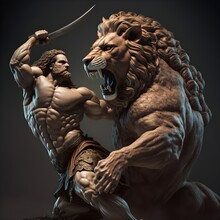 Mythological Greek Hero Hercules Fighting A Lion Realistic 4k Image 