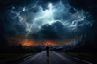 Leinwandbild Motiv Backpacker on the road watches a storm of epic proportions. AI generative