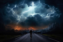 Backpacker On The Road Watches A Storm Of Epic Proportions. AI Generative