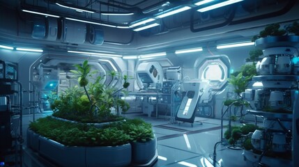 Hydroponics Lab room on spacecraft with robots taking care generative ai