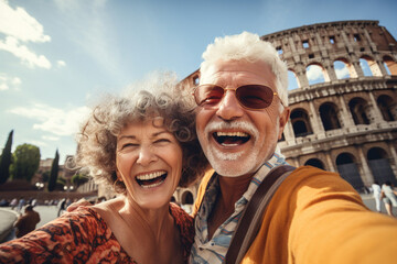 A happy elderly couple of tourists take a selfie in front of the Colosseum. Travel retirement concept. AI generated.