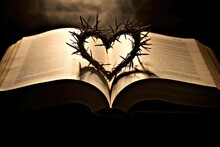 Open Bible With Heart-Shaped Crown Of Thorns, A Symbol Of Jesus' Suffering And Sacrifice 