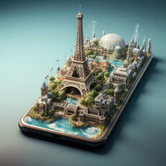 Wall Mural - Eiffel tower rising out of a smartphone screen.  Generated by artificial intelligence.