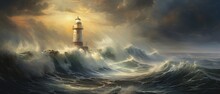 An Oil Painting Background Showcasing A Dramatic Seascape With Crashing Waves, A Stormy Sky, And A Lighthouse Standing Tall Amidst The Turbulence. Wallpaper Texture. Generative AI. 